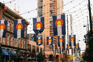 Flags at Larimer square